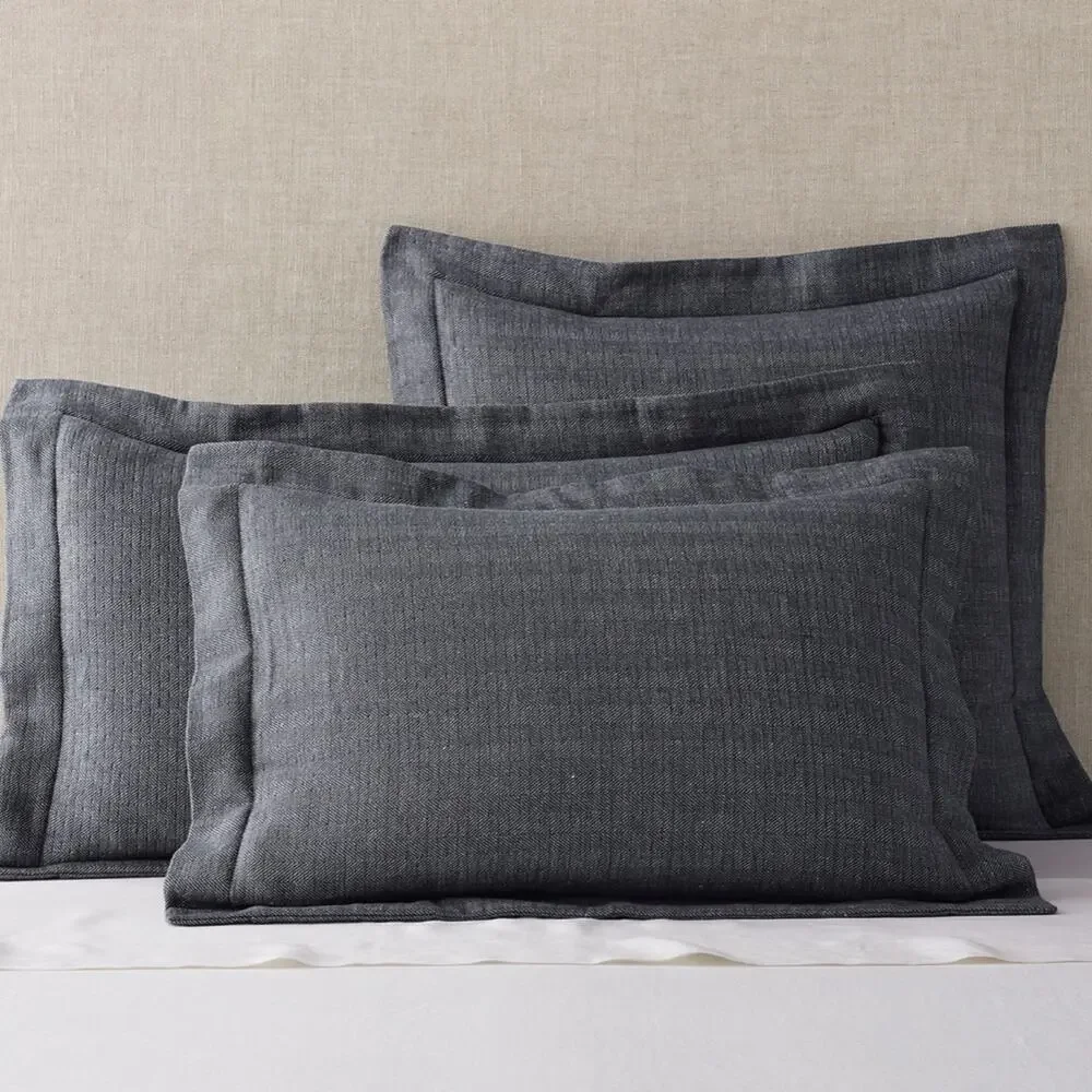 2 Restoration Hardware Herringbone Flanged Cotton-Linen King Shams